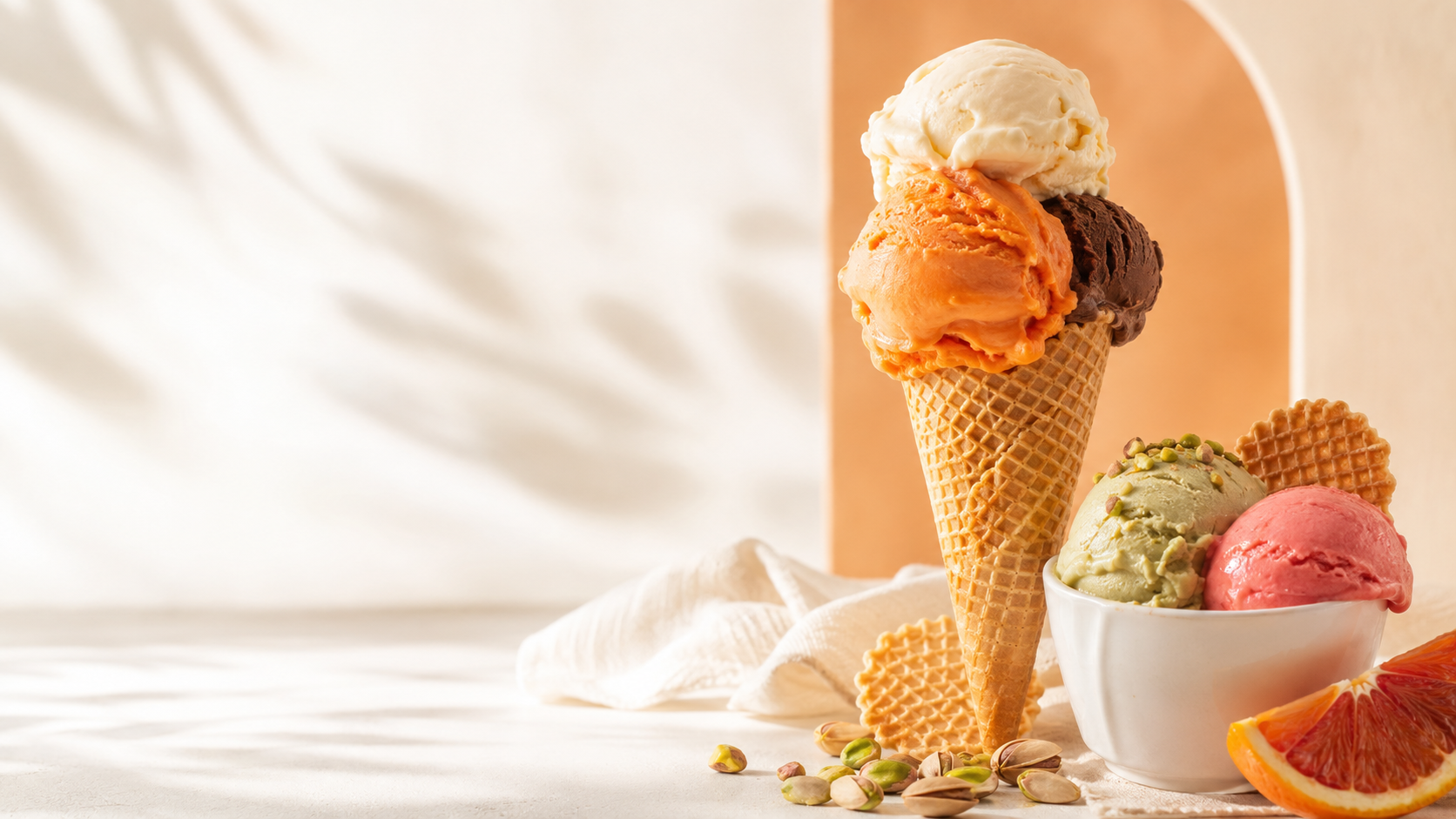 Waffelhörnchen mit drei Eiskugeln – Vanille, Blutorange und Schokolade – daneben eine Schale mit Pistazien- und Erdbeereis, Pistazien und Waffelröllchen auf hellem Untergrund
